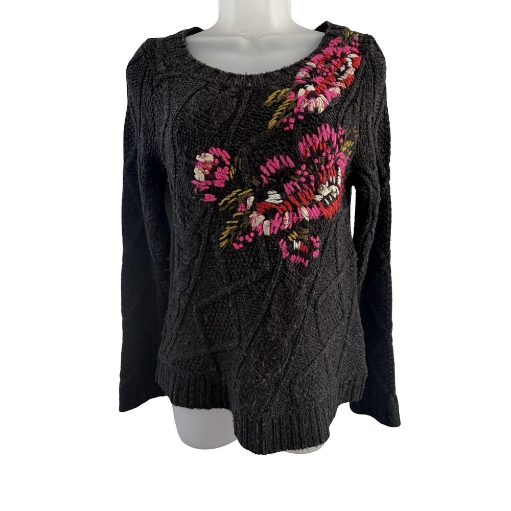 Leifnotes Sweater Womens Small Gray Cable Knit Floral Embroidered Pullover Boho